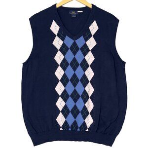 Brooks Brothers 346 Navy Argyle V-Neck Sleeveless Cotton Sweater Vest Size L